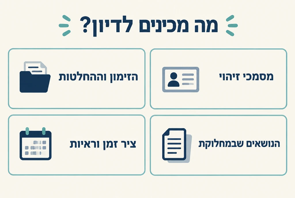 הכנה לדיון: מסמכי זיהוי, הזימון וההחלטות, הנושאים שבמחלוקת וציר זמן וראיות