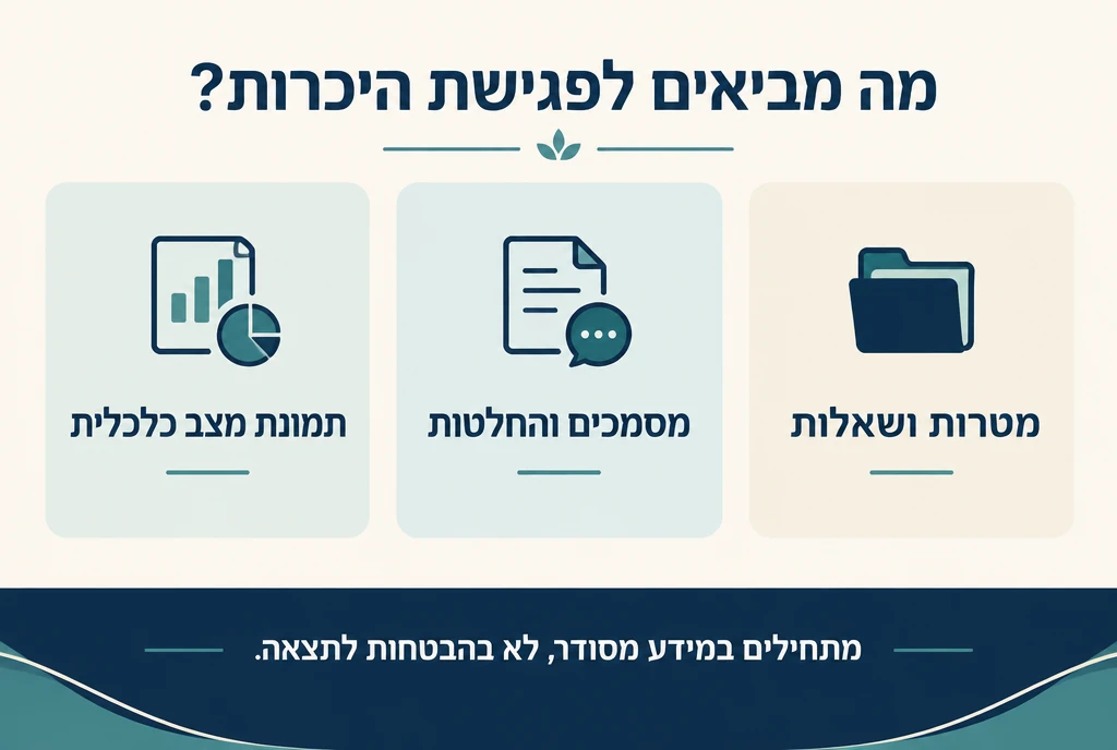 הכנה לפגישת היכרות: מטרות ושאלות, מסמכים והחלטות ותמונת מצב כלכלית